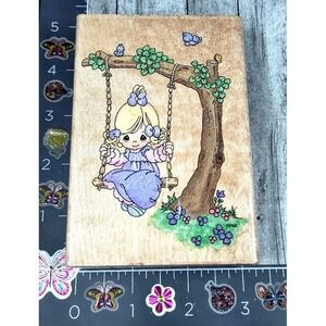 Stampendous Precious Moments Warmest Thoughts Girl Swing Rubber Stamp Wood #O52